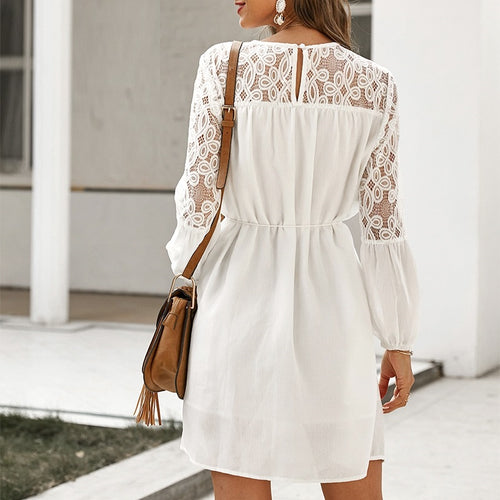 Load image into Gallery viewer, Sexy Hollow Out Party Elegant Puff Sleeve O-neck Summer Lace Long Sleeve A-line Casual Office Dress
