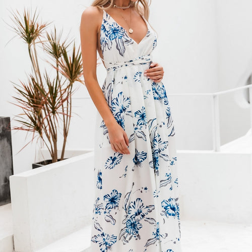 Load image into Gallery viewer, Holiday Beach V-neck Floral Spaghetti Straps High Waist Long dress Spring Summer Split Dress
