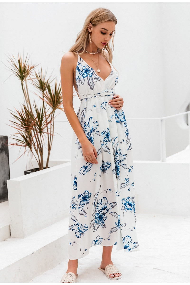 Holiday Beach V-neck Floral Spaghetti Straps High Waist Long dress Spring Summer Split Dress