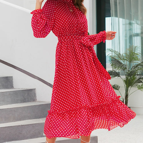 Load image into Gallery viewer, Autumn Party Elegant Polka Dot Print Long Party Holiday Style Ruffle Maxi Dress
