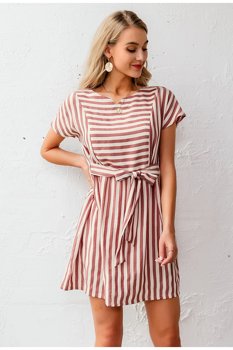 Striped Casual Buttons Strap Short Sleeve Summer Ladies O-neck A-line Holiday Dress