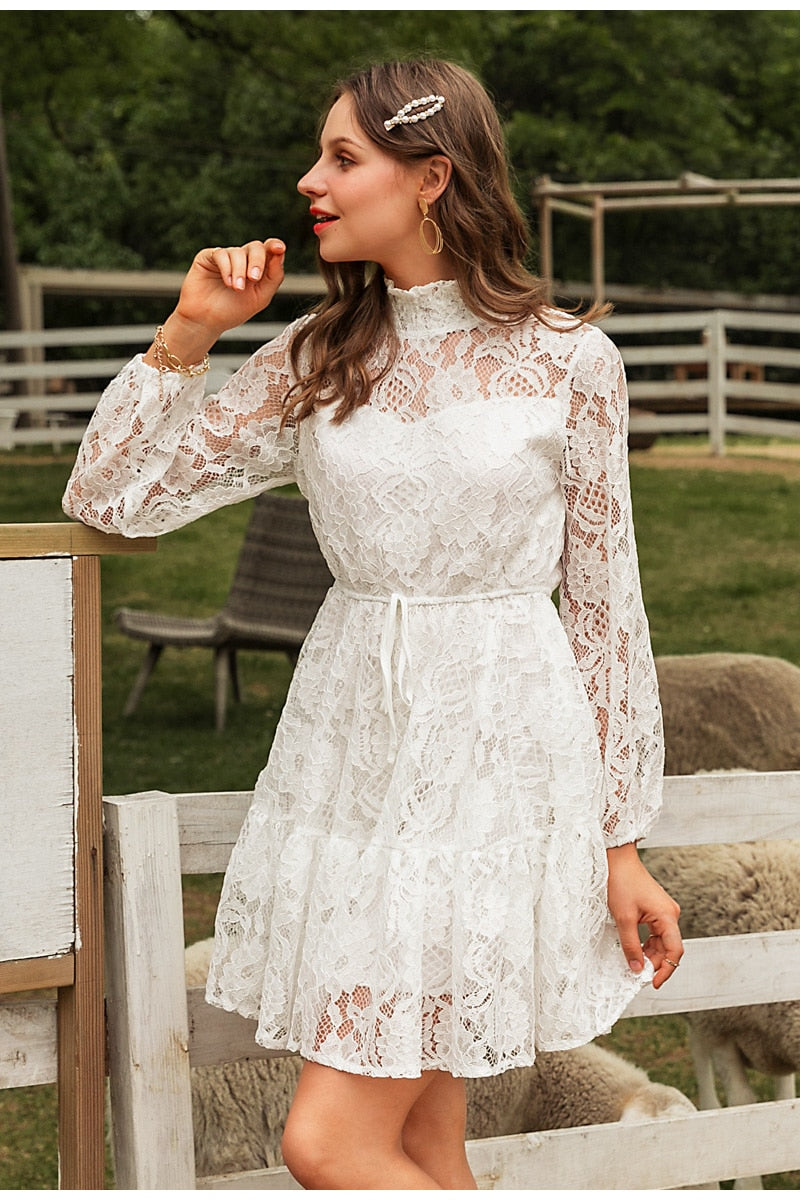 Solid White Lace Sexy V-neck Floral Summer Cotton White Midi Dress