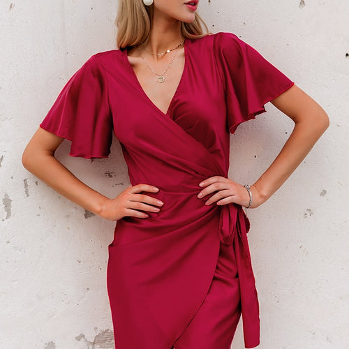 Load image into Gallery viewer, Sexy Red Party Streetwear Solid Ruffled Wrap Sash Mini V-neck Asymmetrical Chic Evening Summer Dress
