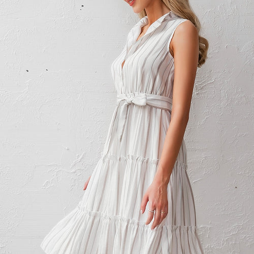 Load image into Gallery viewer, Striped Summer Sexy Sleeveless Sash Single Breasted Beach Casual Belt Ruffled Loose Maxi Dress
