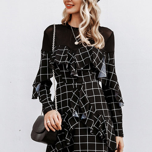 Load image into Gallery viewer, Elegant Office Lady Plaid Ruffled Long Sleeve Mini Straight O-neck Short Party Dress
