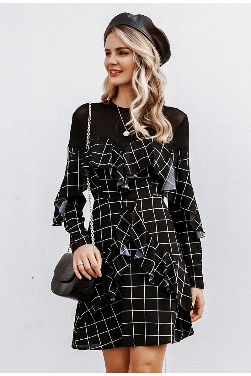 Elegant Office Lady Plaid Ruffled Long Sleeve Mini Straight O-neck Short Party Dress