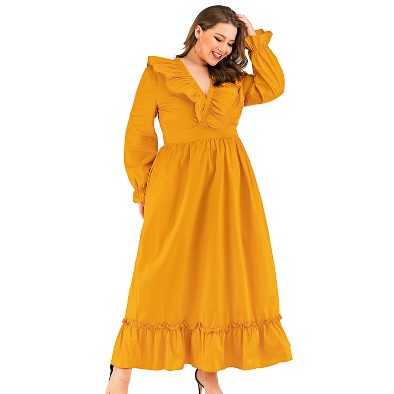 Plus Size Christmas Elegant Ruffled Cotton Solid Long Dress