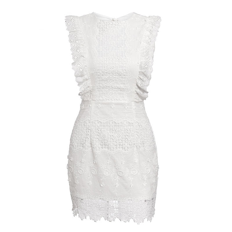 Sexy Sleeveless White Backless Ruffled Strap Lace Bodycon Elegant Mini Party Dress