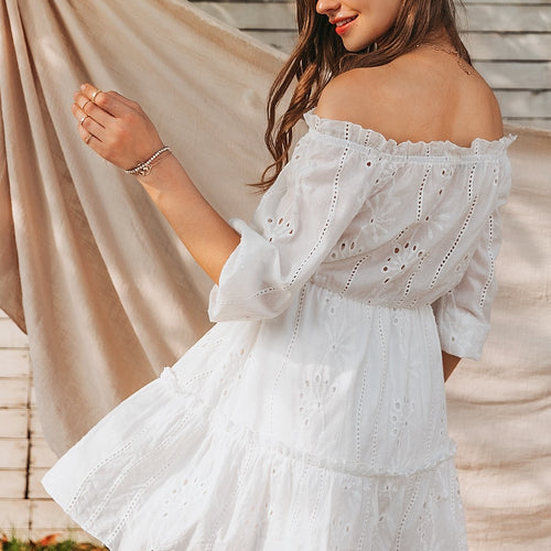 Load image into Gallery viewer, Sexy White Off Shoulder Summer Solid Ruffle Cotton Vintage Holiday Beach Dress
