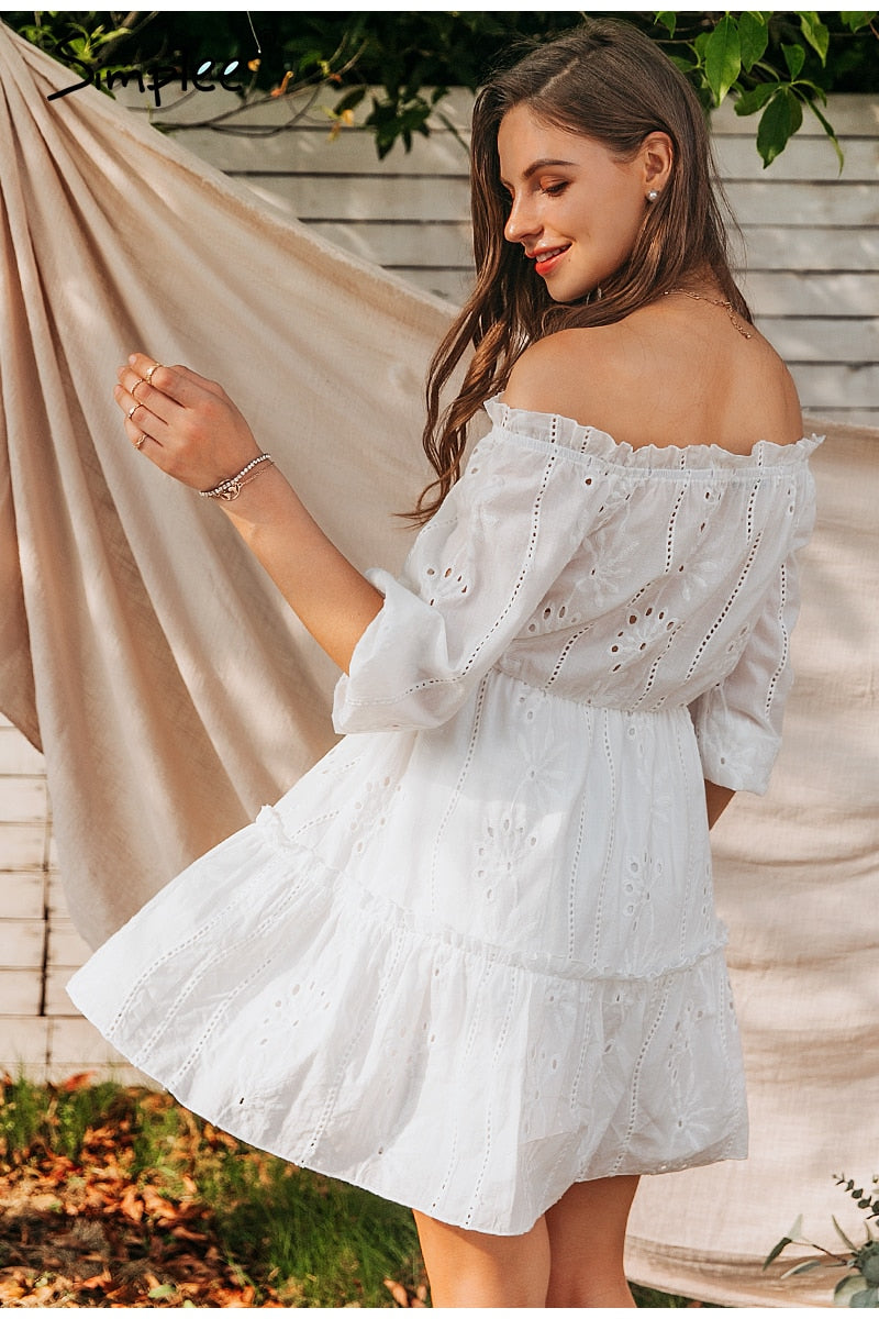 Sexy White Off Shoulder Summer Solid Ruffle Cotton Vintage Holiday Beach Dress