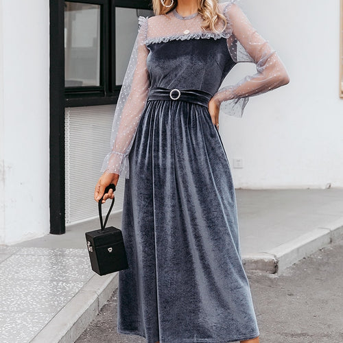 Load image into Gallery viewer, High Waist Maxi Ruffled Puff Sleeve Polka Dot A-line Belt Office Velvet Dress
