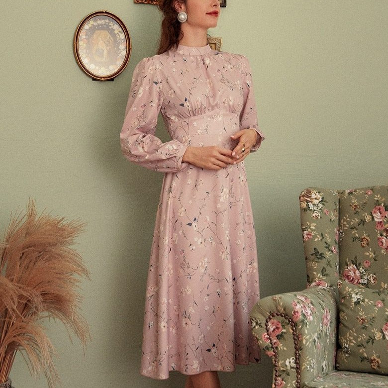 Elegant Floral High Waist Print Office Long Sleeve Lady Vintage Dress