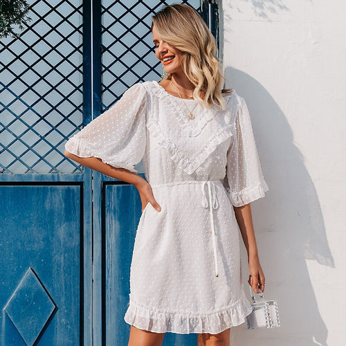 Load image into Gallery viewer, White Dot Women Summer Dress Elegant Backless Ruffle Female Short Casual Beach Dress
