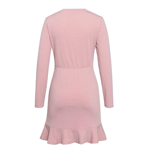 Load image into Gallery viewer, Short Solid Pink Winter Lace Up Party Sexy Long Sleeve Ruffles Club Ruched Dress
