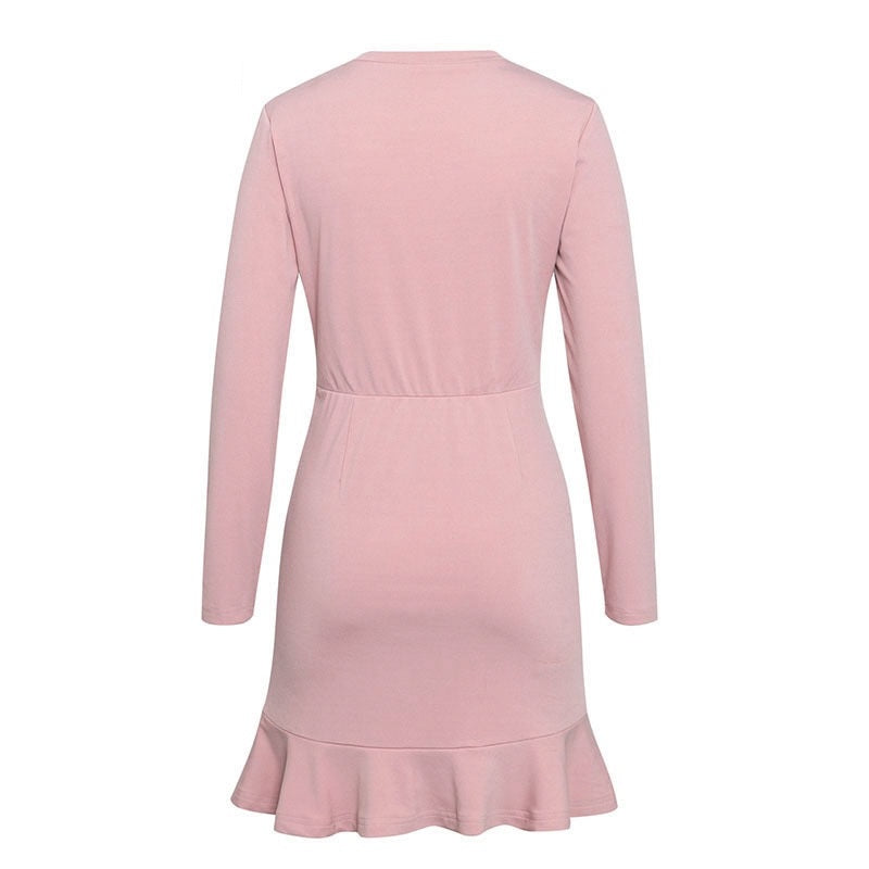 Short Solid Pink Winter Lace Up Party Sexy Long Sleeve Ruffles Club Ruched Dress