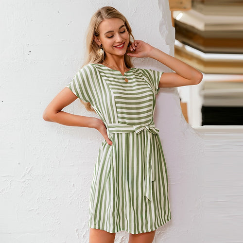 Load image into Gallery viewer, Striped Casual Buttons Strap Short Sleeve Summer O-neck A-line Holiday Dress
