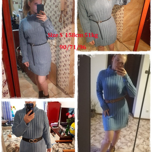 Load image into Gallery viewer, Elegant Knitted Turtle Neck White Sweater Sexy Holiday Solid Winter Teal Dress
