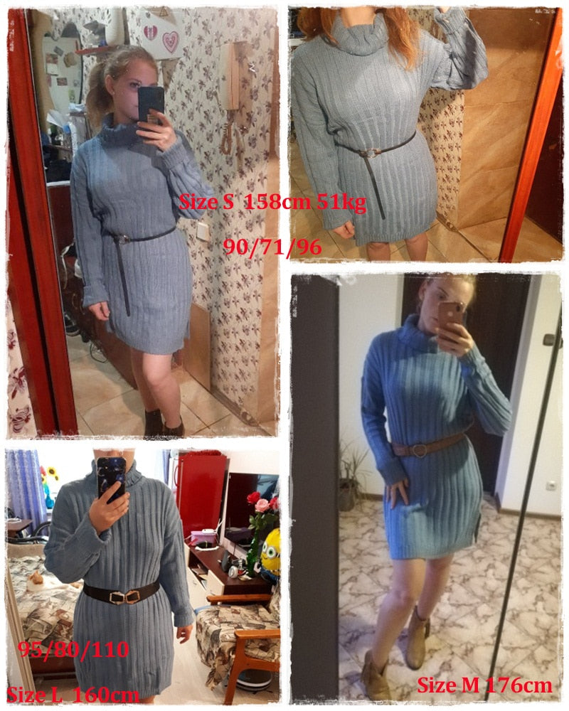 Elegant Knitted Turtle Neck White Sweater Sexy Holiday Solid Winter Teal Dress