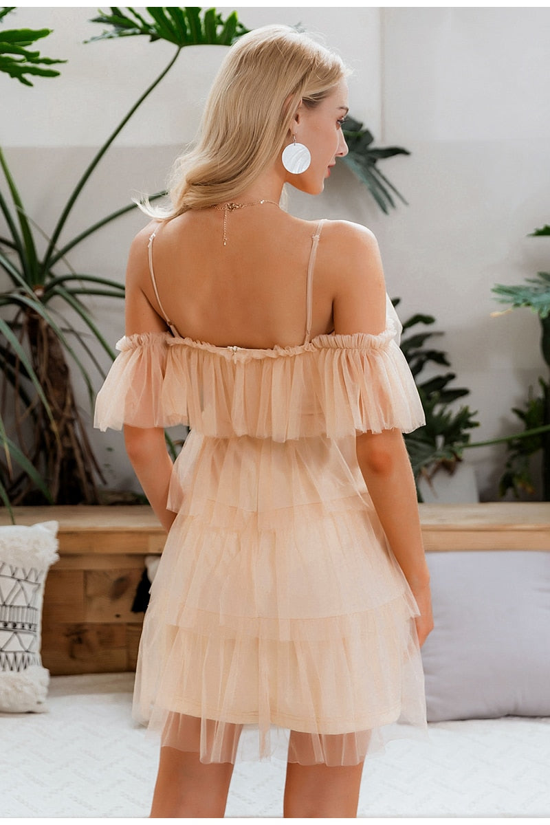 Sexy Straps Off Shoulder Mini Ruffles Multi-layer Lace Cake Party Club Mesh Dress