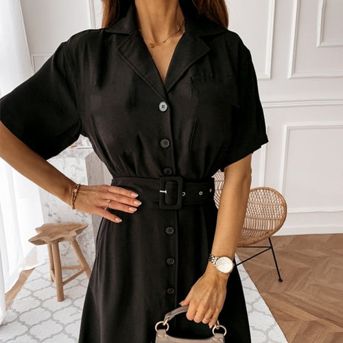 Load image into Gallery viewer, Elegant Button Blazer Dress Women Solid Casual High Waist Belt Short Sleeve Dress
