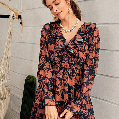 Load image into Gallery viewer, Sexy V-neck Long Sleeve Midi Summer Holiday Chiffon Ruched Floral Print Solid Lace Dress
