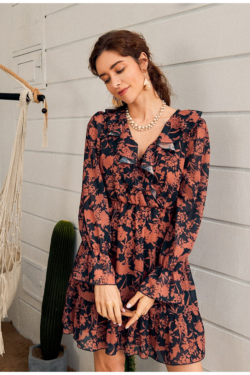 Sexy V-neck Long Sleeve Midi Summer Holiday Chiffon Ruched Floral Print Solid Lace Dress