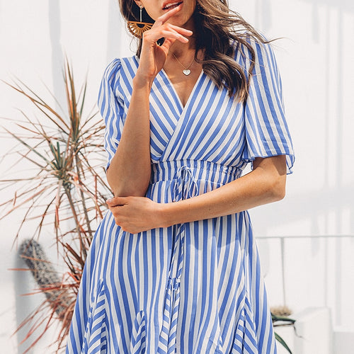 Load image into Gallery viewer, Vintage Striped V-neck Ruffle Cotton Short Summer Sexy Casual Dress
