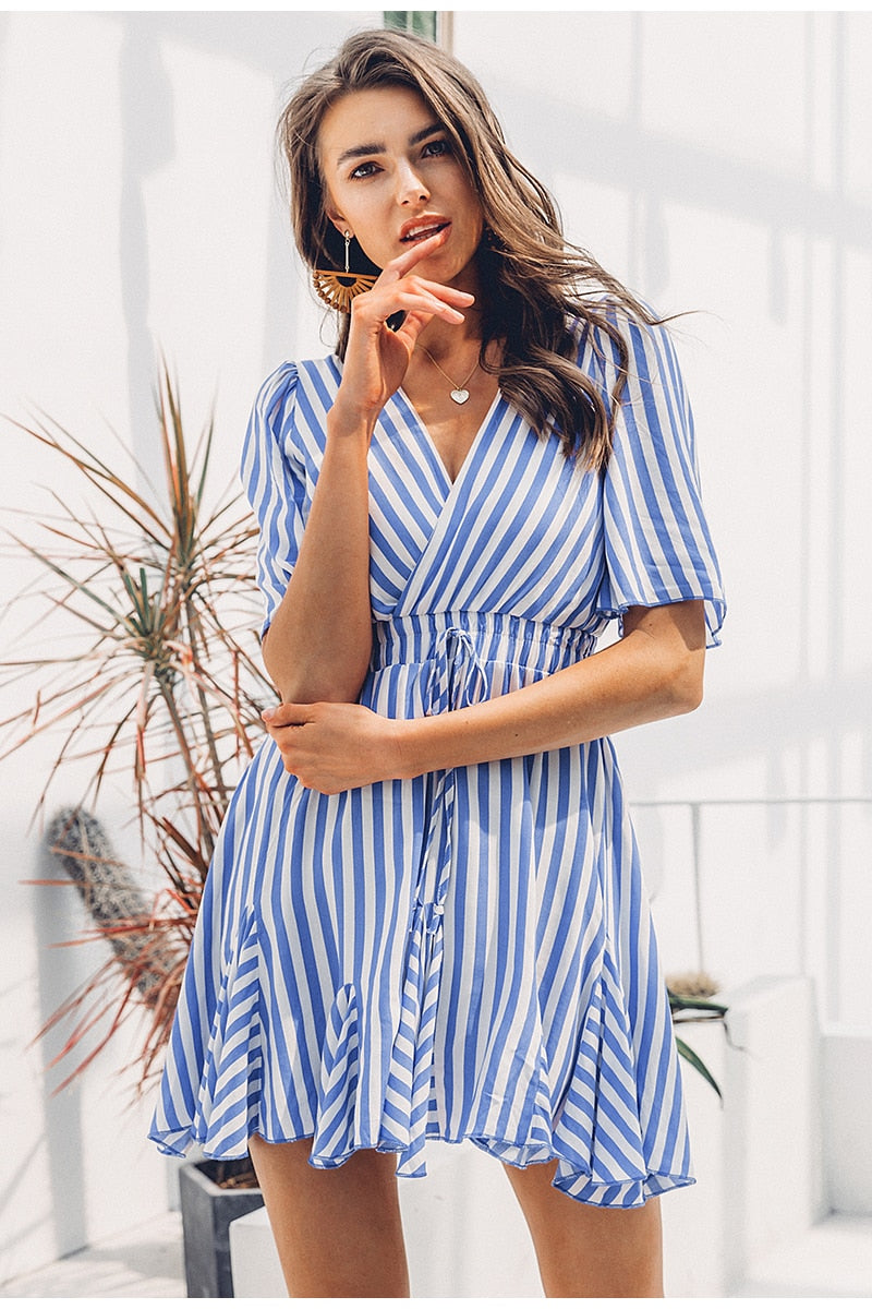 Vintage Striped V-neck Ruffle Cotton Short Summer Sexy Casual Dress