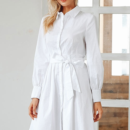 Load image into Gallery viewer, Pleated High Waist Vintage Office Lady White Long Sleeve Cotton Winter Dress
