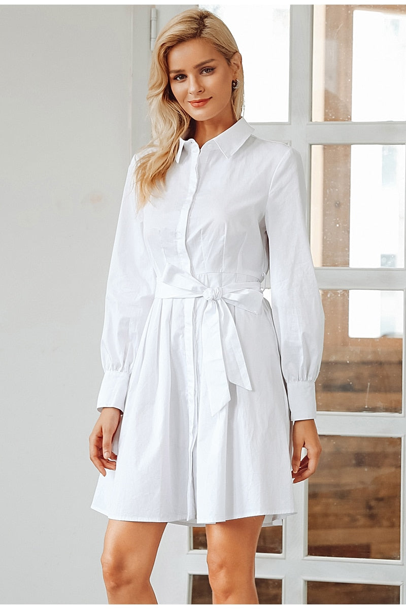 Pleated High Waist Vintage Office Lady White Long Sleeve Cotton Winter Dress