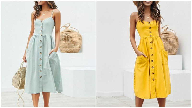 Elegant Button Pocket Polka Dots Yellow Cotton Midi Summer Casual Plus Size Beach Dress