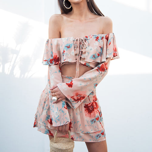 Load image into Gallery viewer, Sexy Off Shoulder Print Two Piece Flare Sleeve Lace Up Boho Short Ruffle Dress
