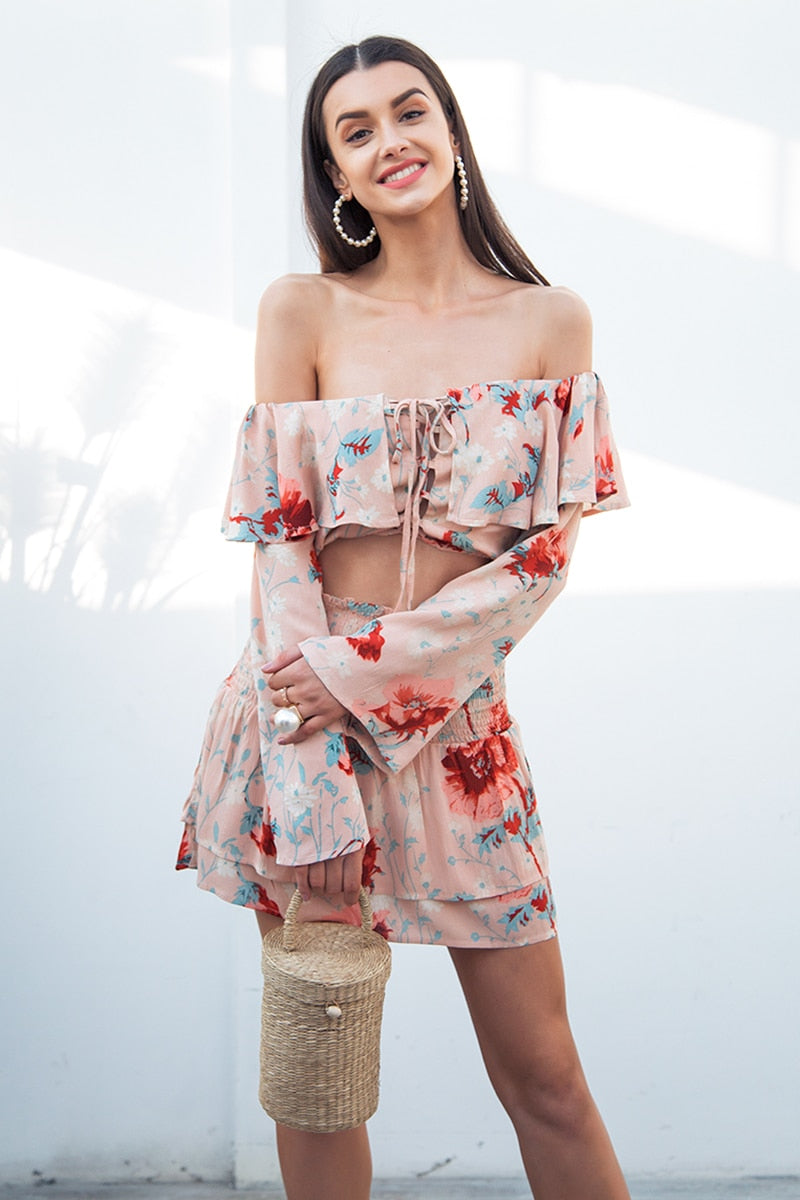 Sexy Off Shoulder Print Two Piece Flare Sleeve Lace Up Boho Short Ruffle Dress