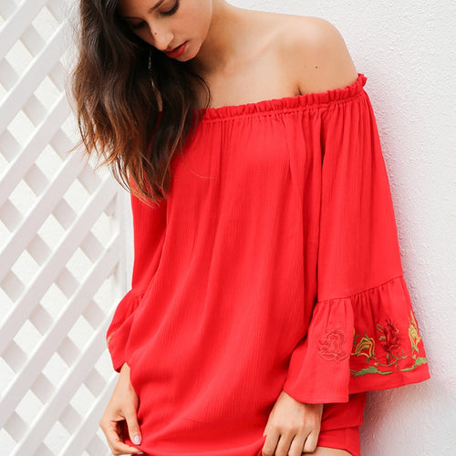 Load image into Gallery viewer, Off Shoulder Flare Sleeve Embroidery Sexy Ruffle Red Short Belt Bow Loose Beach Summer Dress
