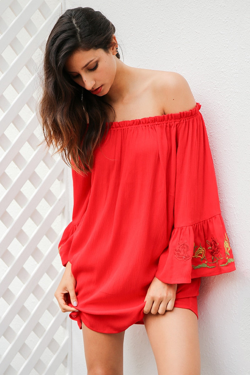 Off Shoulder Flare Sleeve Embroidery Sexy Ruffle Red Short Belt Bow Loose Beach Summer Dress