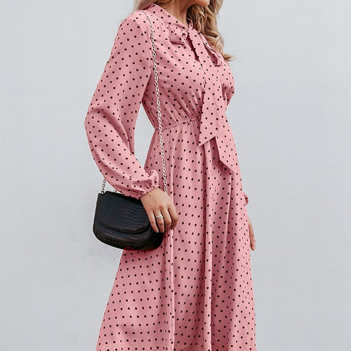 Load image into Gallery viewer, Elegant V-neck Polka Dot Sexy V-neck Lantern Pink Loose Long Party Dress
