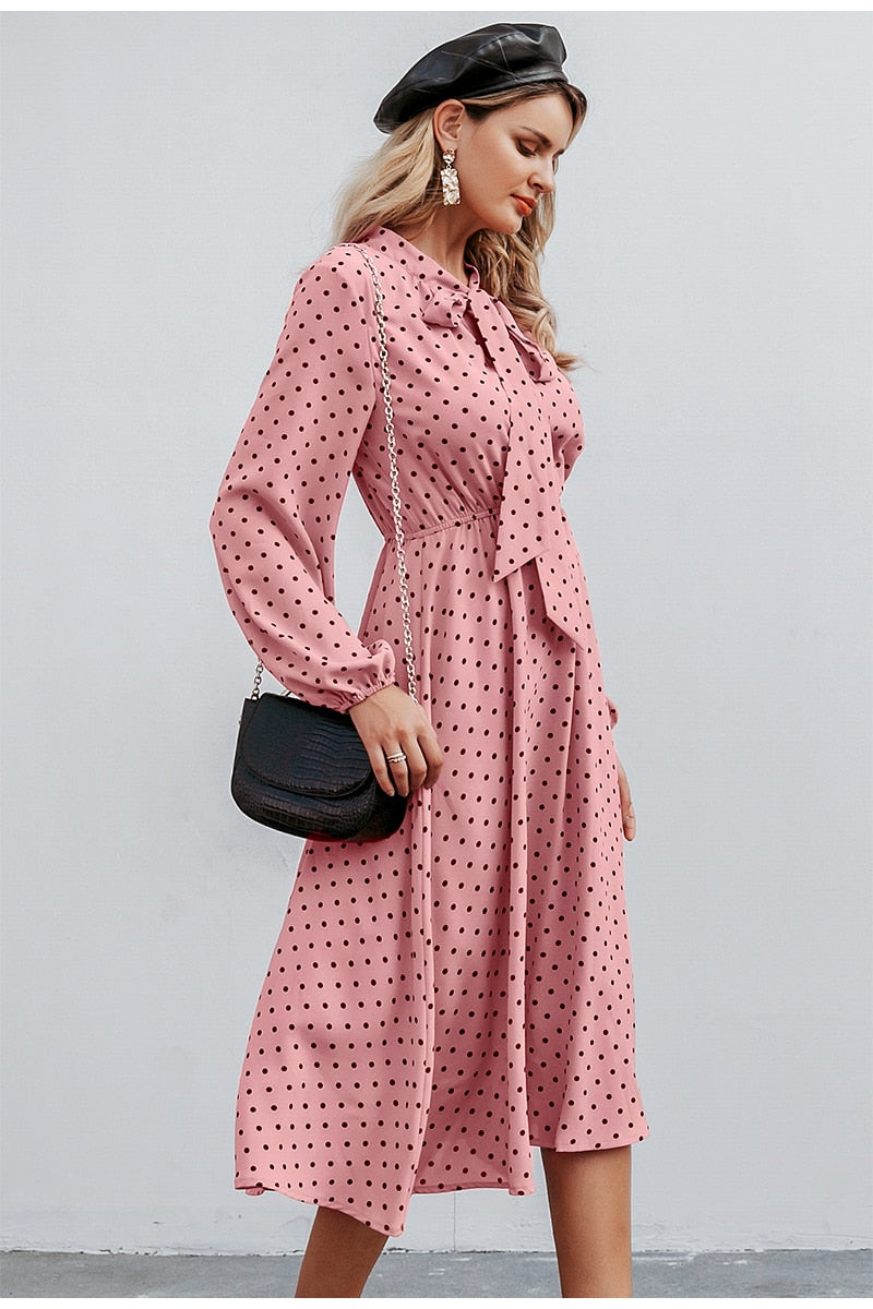 Elegant V-neck Polka Dot Sexy V-neck Lantern Pink Loose Long Party Dress