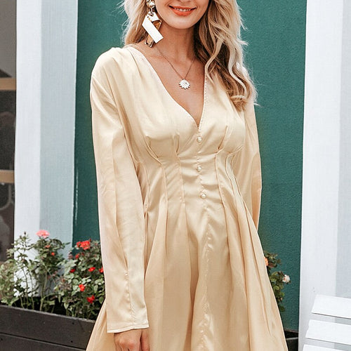 Load image into Gallery viewer, Sexy V-neck Satin Long Sleeve Pleated Autumn Winter Female Mini Dress
