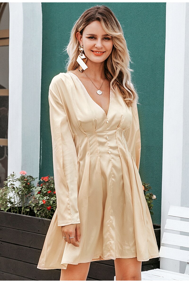 Sexy V-neck Satin Long Sleeve Pleated Autumn Winter Female Mini Dress