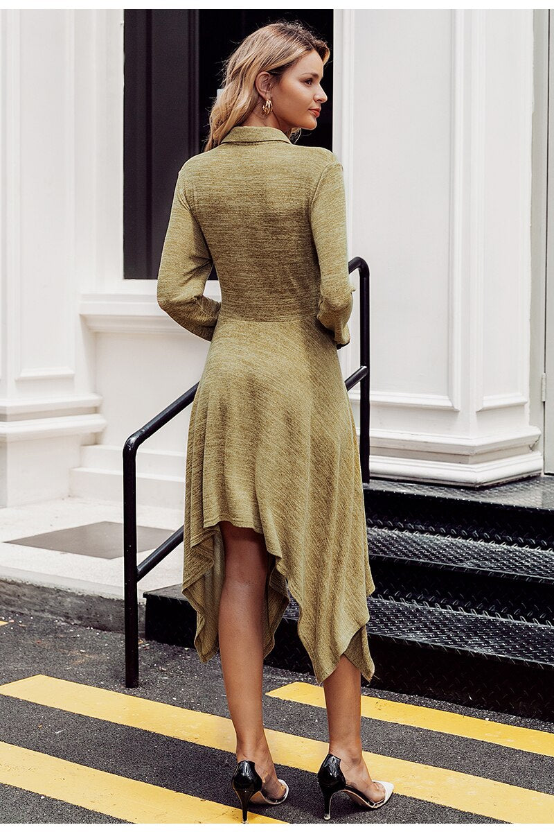 Asymmetrical A-line Shirt High Waist Sash Bow Midi Autumn Winter Office Casual Dress