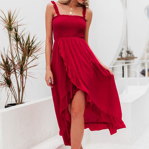 Load image into Gallery viewer, Spaghetti Straps Pleated Long Ruffles High Waist Split Summer Holiday Beach Dress

