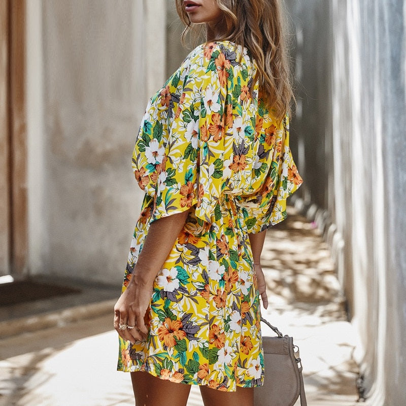 Floral Print Casual V-neck Sash Loose A-line Cotton Summer Casual Mini Beach Dress