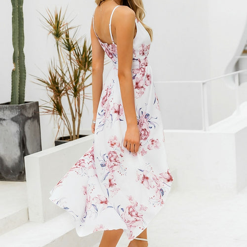 Load image into Gallery viewer, Sexy V-neck Spaghetti Strap Summer Elegant Floral Print Asymmetrical Long Sundress Maxi Dress
