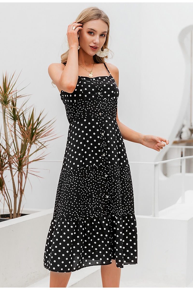 Polka Dot Casual Sleeveless Buttons Female Overalls Summer Maxi Dress