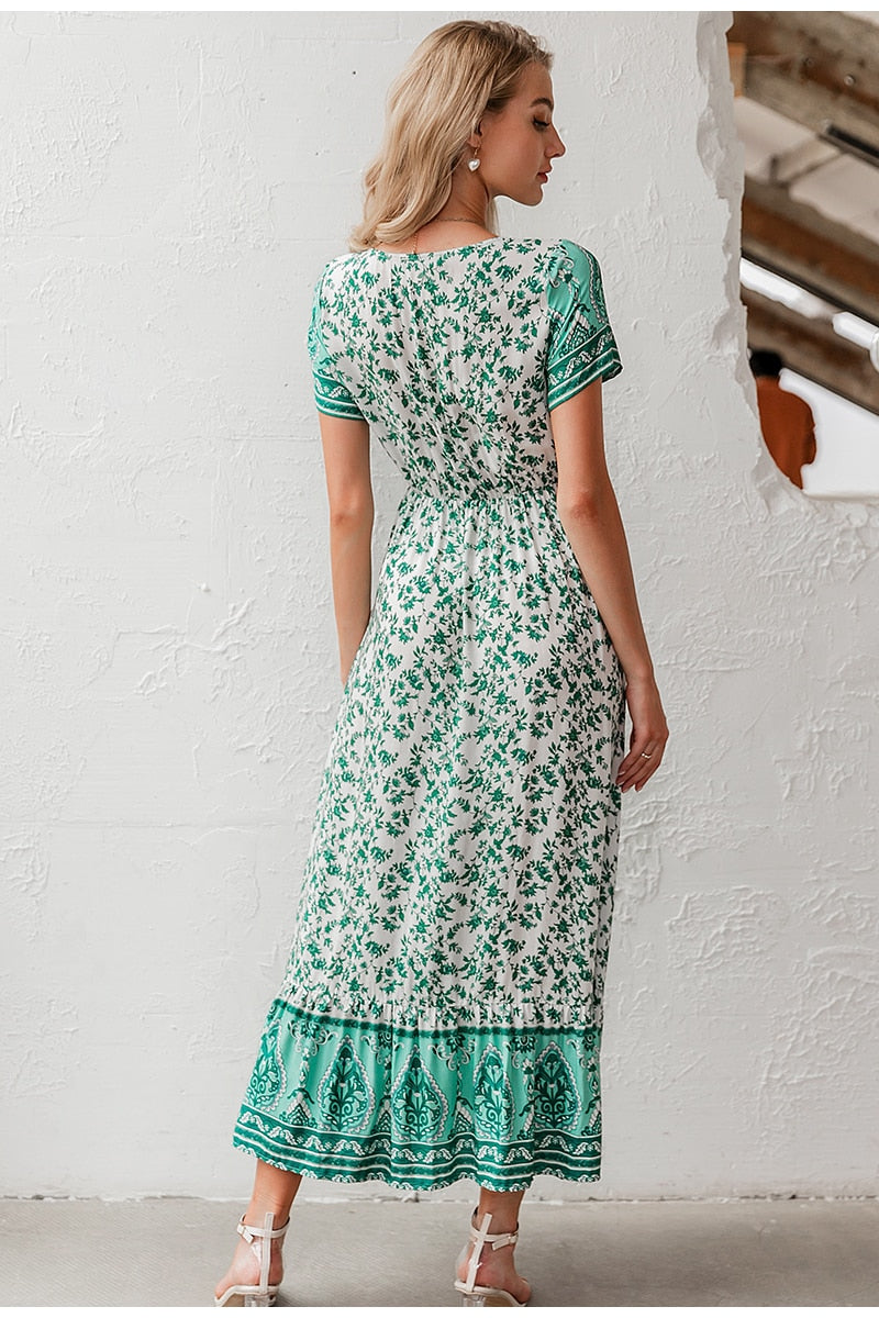 Bohemian V-neck Floral A-line Buttons Short Sleeve Maxi Sundress Summer Beach Style Long Dress