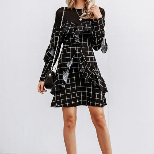 Load image into Gallery viewer, Elegant Office Lady Plaid Ruffled Long Sleeve Mini Straight O-neck Short Party Dress
