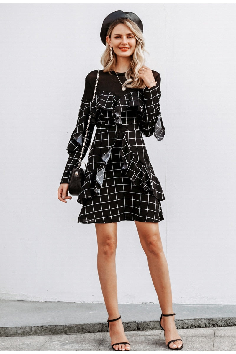 Elegant Office Lady Plaid Ruffled Long Sleeve Mini Straight O-neck Short Party Dress