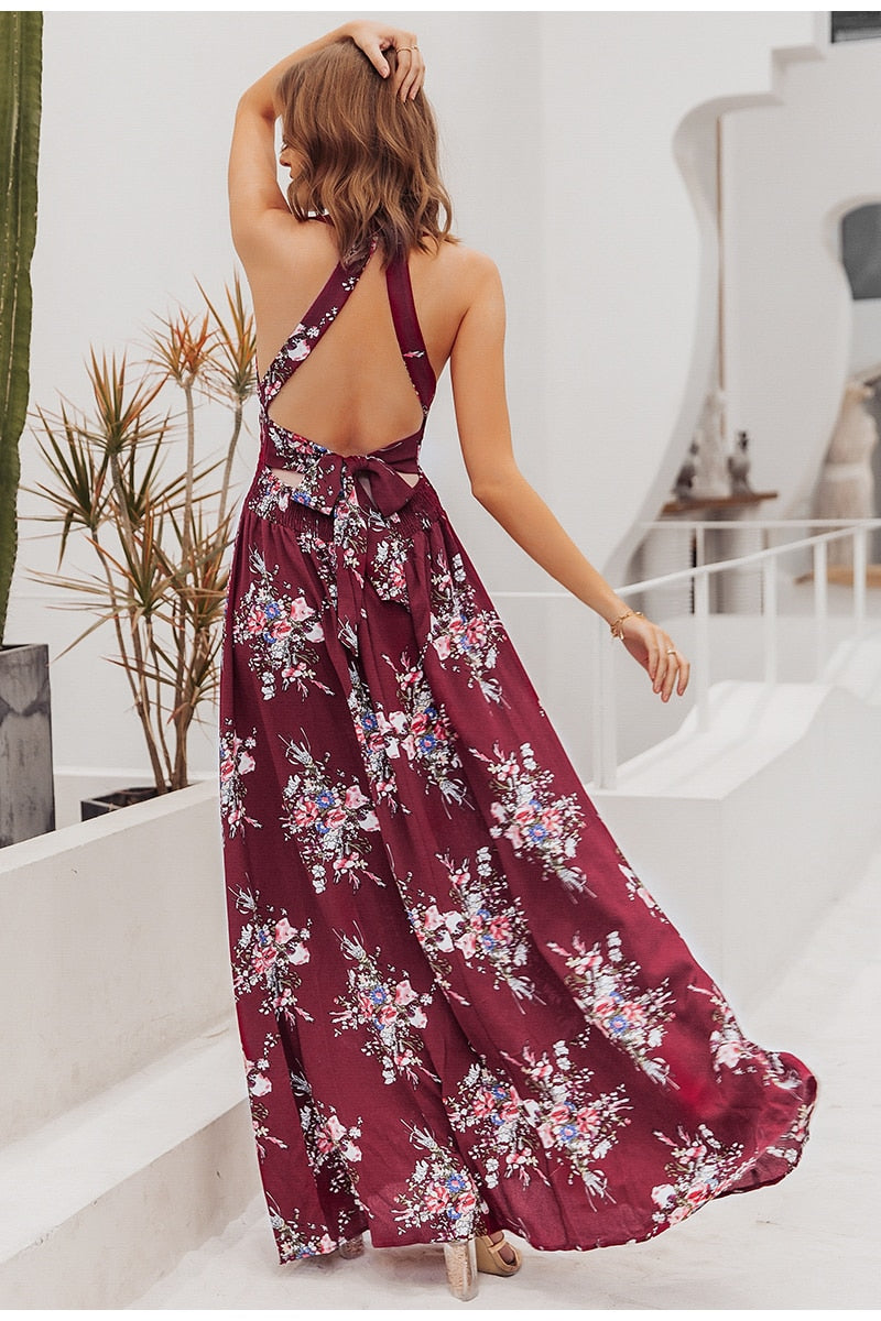 Halter Backless Summer Hollow Out Sleeveless Elegant High Waist Boho Floral Maxi Dress