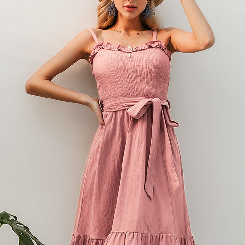 Load image into Gallery viewer, Sleeveless Ruffle Elegant Ruched Sashes Bow Cotton Summer Midi Sexy Solid Dress
