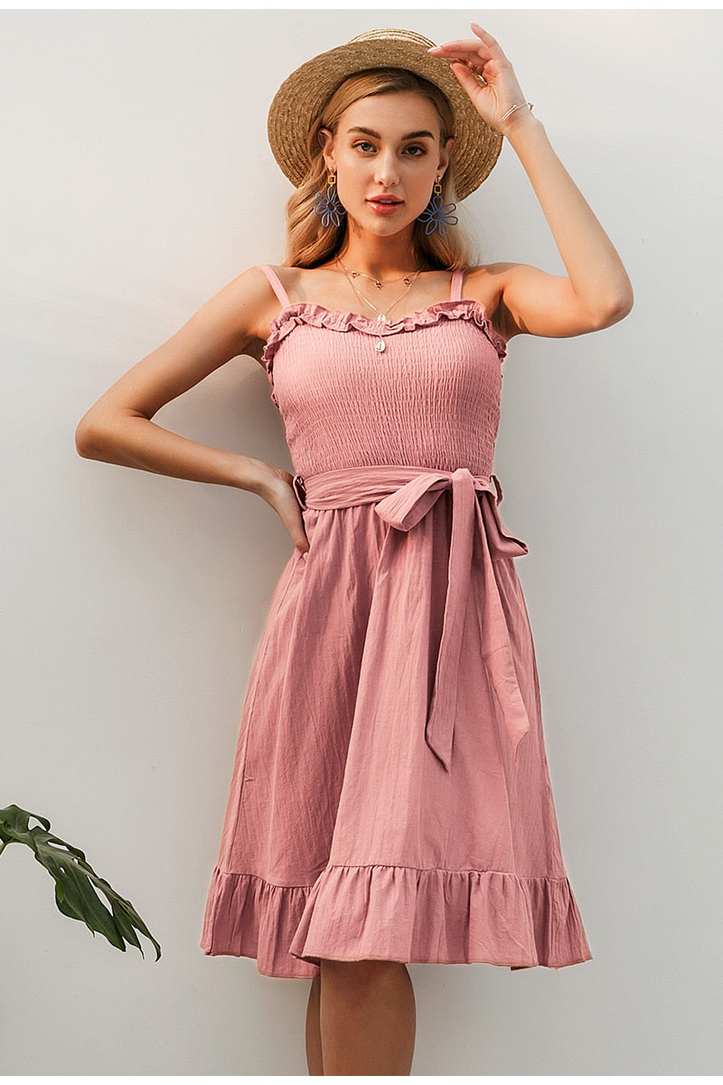 Sleeveless Ruffle Elegant Ruched Sashes Bow Cotton Summer Midi Sexy Solid Dress